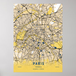 Póster París - Mapa de la ciudad amarilla de Francia