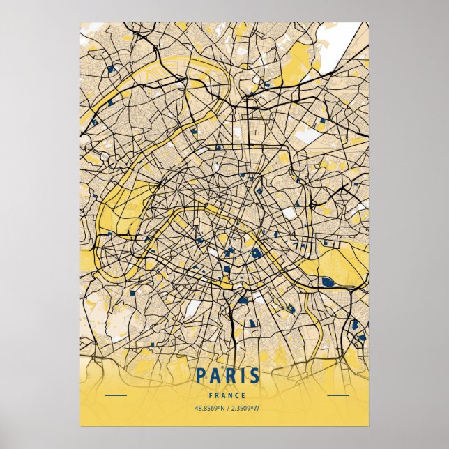 Póster París - Mapa de la ciudad amarilla de Francia (Frente)