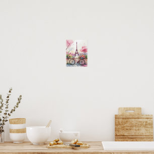 Póster París Romántico en Acuarela – Torre Eiffel y Bicic