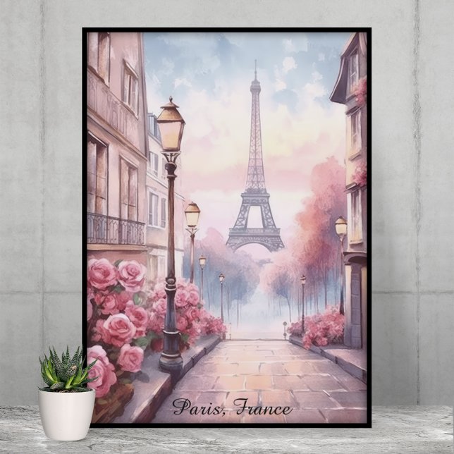 Póster París romántico Francia – Torre Eiffel floral (Romantic Paris France – Eiffel Tower Floral Poster)