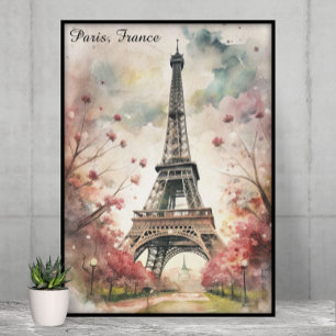 Póster París romántico Torre Eiffel Acuarela Floral