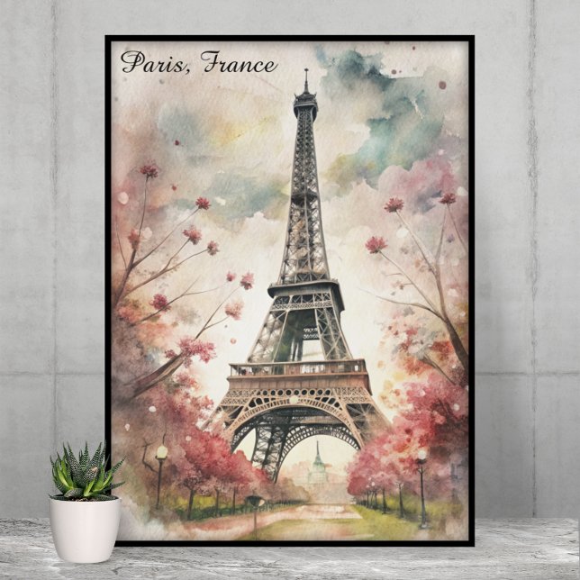 Póster París romántico Torre Eiffel Acuarela Floral (Romantic Paris Eiffel Tower Watercolor Floral Poster)