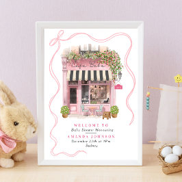 Póster Parisian Cafe Bonjour Bebe Pink Bow Baby Shower