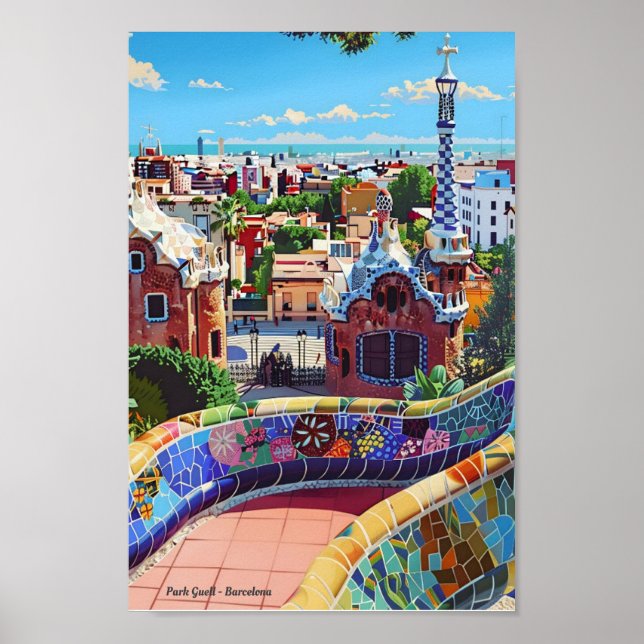 Póster Park Guell Barcelona España Viaje de Vintage (Frente)