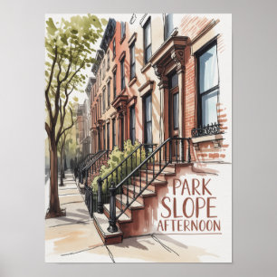 Póster Park Slope Atardecer Brownstone Acuarela