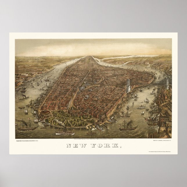 Póster Parque de baterías, Mapa Panorámico NY - 1873 (Frente)