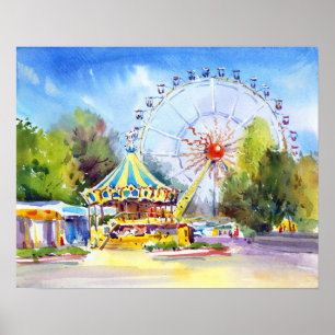 Póster Parque de diversiones vibrante acuarela