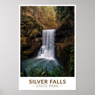 Póster Parque Estatal Silver Falls Oregon Acuarela Vintag