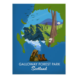 Póster parque forestal de Galloway Escocia mapa