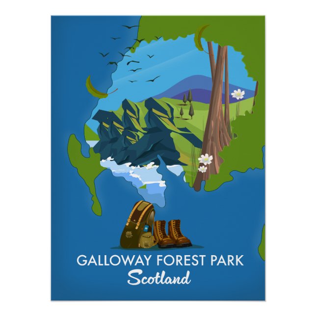 Póster parque forestal de Galloway Escocia mapa (Anverso)