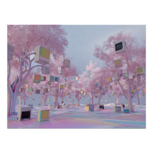 Póster Parque Glitchy Pink Sakura con Ventanas Flotantes