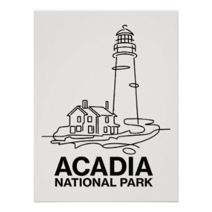 Póster Parque Nacional Acadia Arte de Línea de Faro