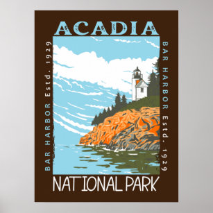 Póster Parque nacional Acadia Bar Harbour Lighthouse Vint