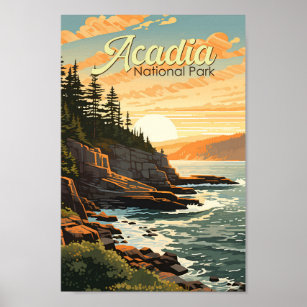 Póster Parque nacional Acadia Ilustracion Retro