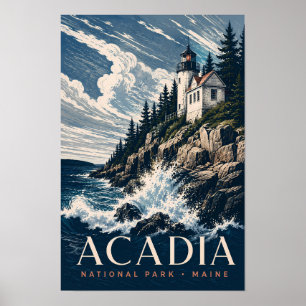 Póster Parque Nacional Acadia Maine Viajes en Xilografía
