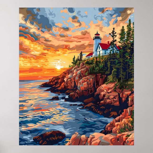 Póster Parque Nacional Acadia, Viaje del Faro Maine (Frente)