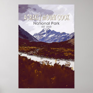 Póster Parque Nacional Aoraki Monte Cook Nueva Zelanda Re