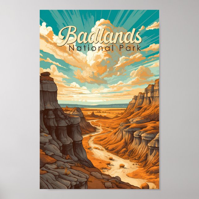 Póster Parque nacional Badlands Ilustracion Retro (Frente)