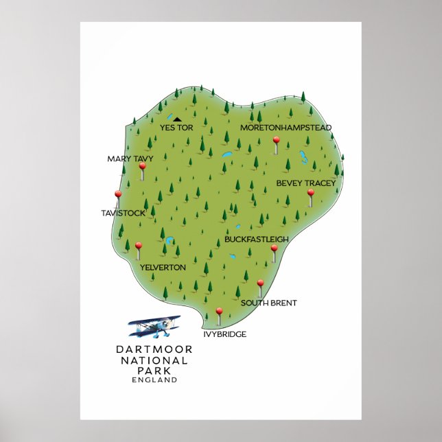Póster Parque nacional Dartmoor Mapa de Inglaterra (Frente)