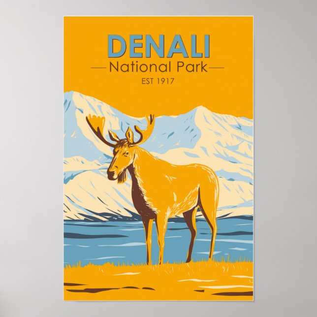 Póster Parque nacional Denali Alaska Moose Vintage (Frente)