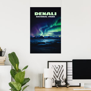 Póster Parque nacional Denali Alaska Northern Lights Retr