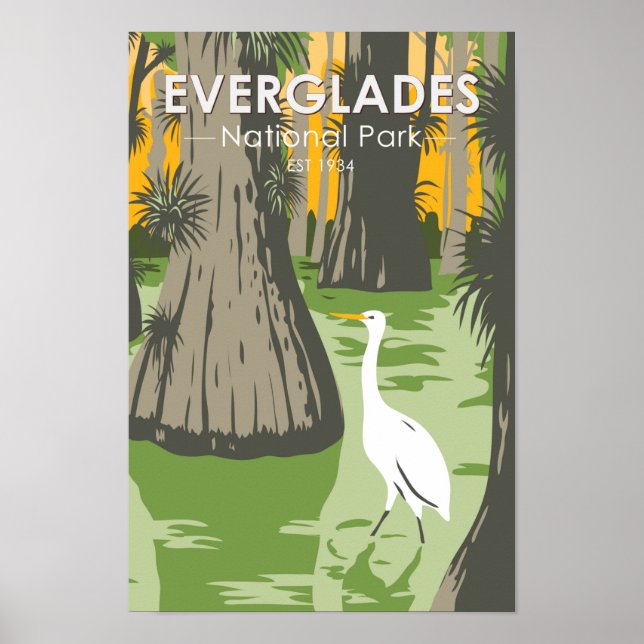 Póster Parque nacional Everglades Florida Egret Vintage (Frente)