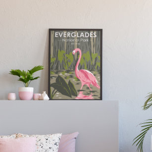 Póster Parque nacional Everglades Florida Flamingo Vintag