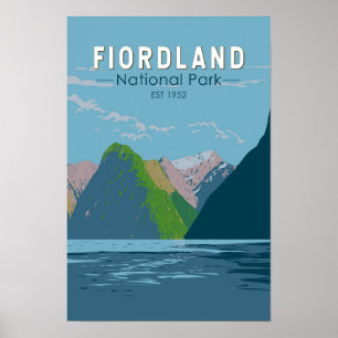 Póster Parque nacional Fiordland New Zealand Travel Art