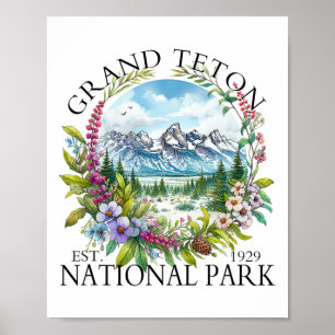 Póster Parque Nacional Floral Grand Teton Senderismo Camp