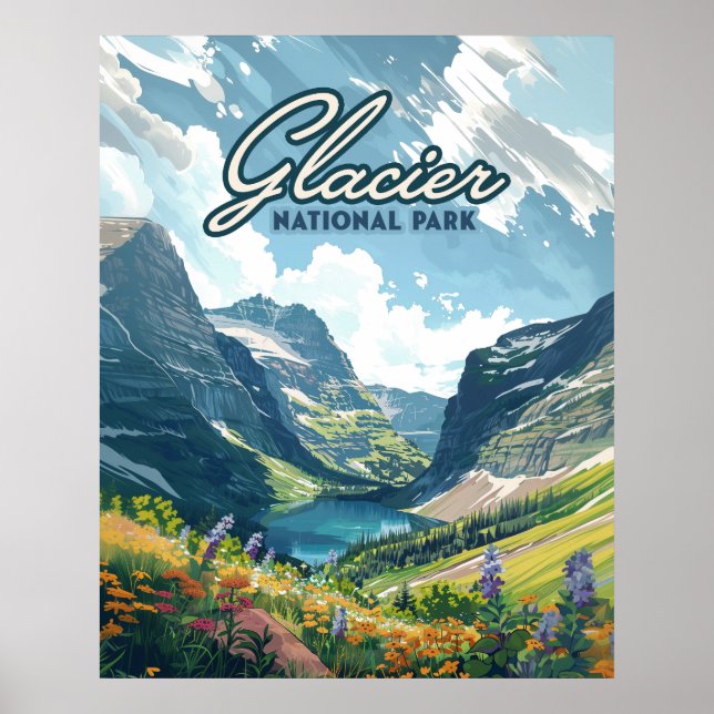 Póster Parque nacional Glaciar Lago Montana Retro (Frente)