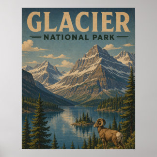 Póster Parque Nacional Glaciar Montaña Estilo WPA Vintage