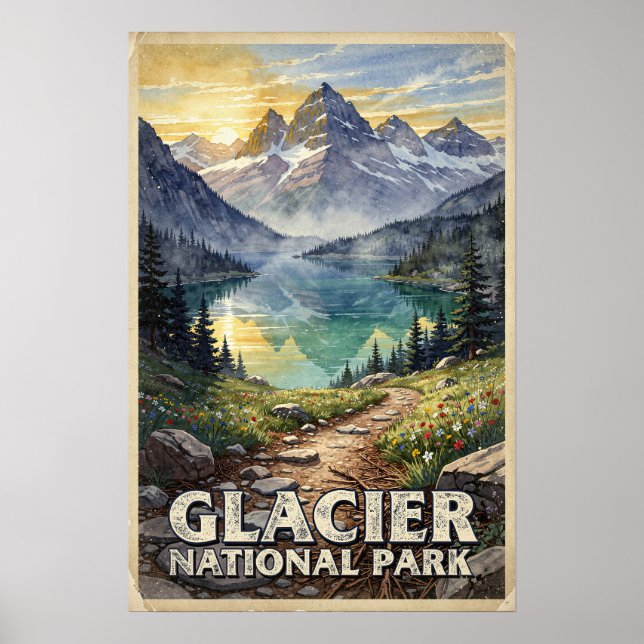 Póster Parque Nacional Glaciar Watercolor Retro (Frente)