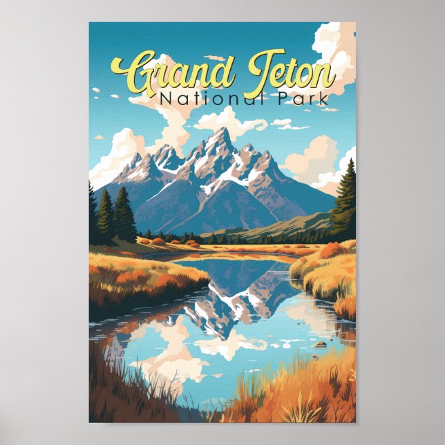 Póster Parque nacional Gran Teton Ilustracion Retro (Frente)