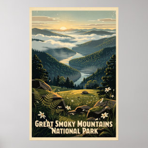 Póster Parque Nacional Grandes Montañas Humeantes Retro