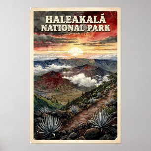 Póster Parque Nacional Haleakalā Acuarela Retro