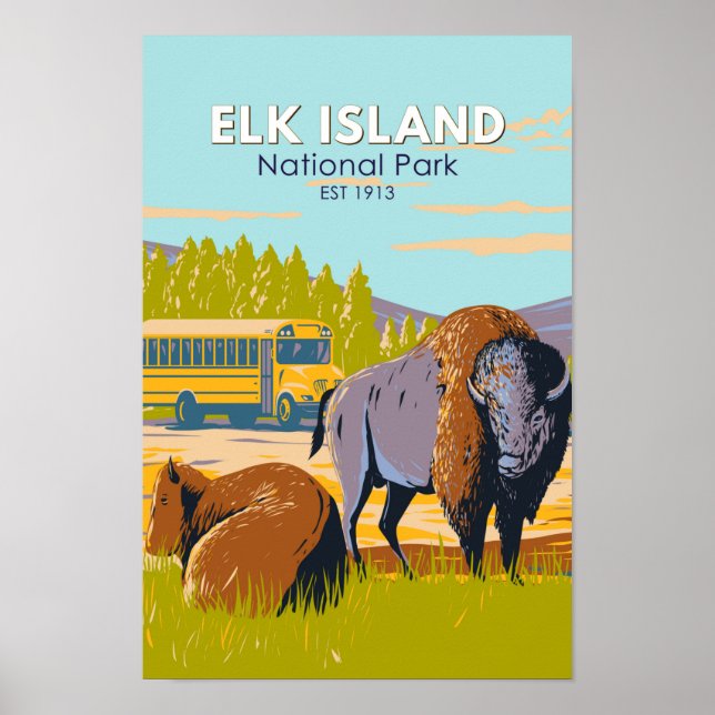 Póster Parque nacional Isla Elk Canada Bison Vintage (Frente)