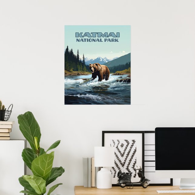 Póster Parque nacional Katmai, río Alaska Bear Brooks (Oficina en casa)