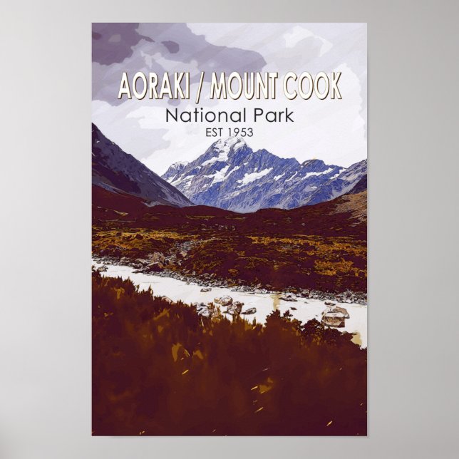 Póster Parque nacional Monte Cook de Aoraki Retro de Nuev (Frente)