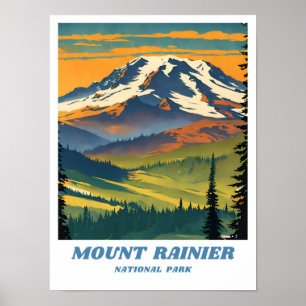 Póster Parque nacional Monte Rainier ilustracion retro Va