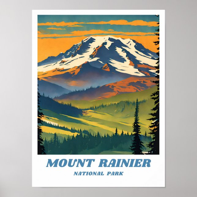 Póster Parque nacional Monte Rainier ilustracion retro Va (Frente)