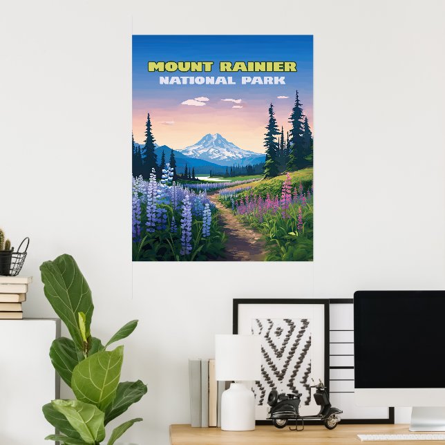 Póster Parque nacional Monte Rainier Retro de Washington (Oficina en casa)