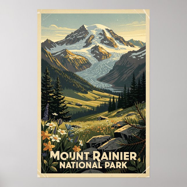 Póster Parque Nacional Mount Rainier Retro (Frente)