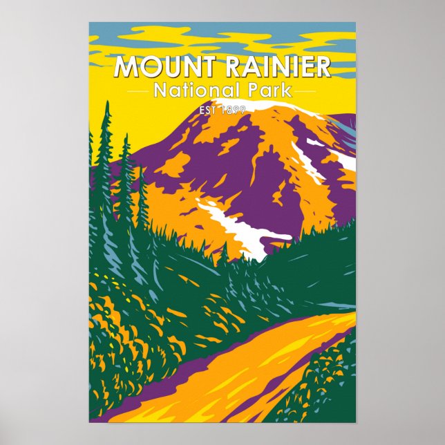 Póster Parque Nacional Mount Rainier Washington Retro (Frente)