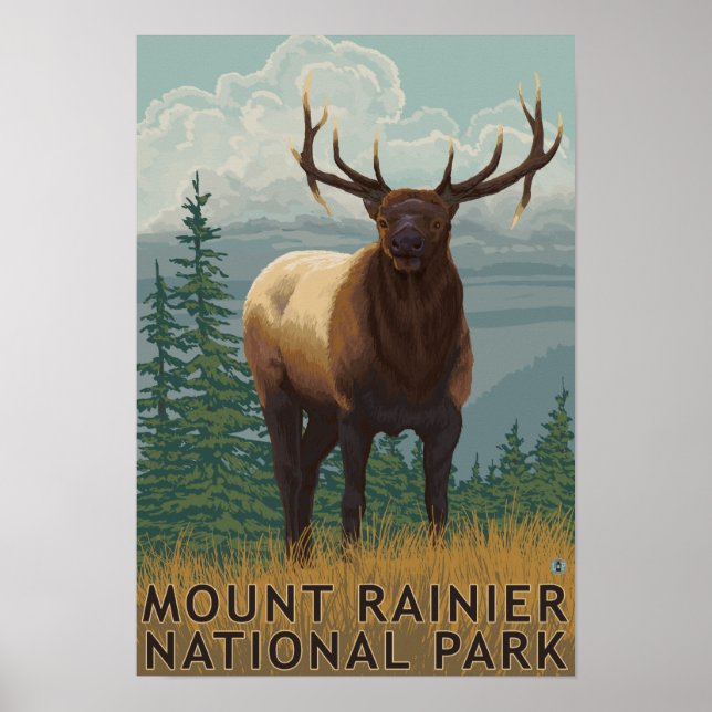 Póster Parque nacional Rainier, escena de WashingtonElk (Frente)