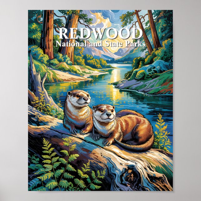 Póster Parque Nacional Redwood Animales Nutrias Estilo Va (Frente)