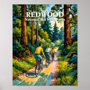 Póster Parque Nacional Redwood Familia en Bicicleta Van G