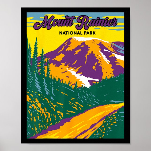 Póster Parque Nacional Retro Mount Rainier Acampada Sende (Frente)