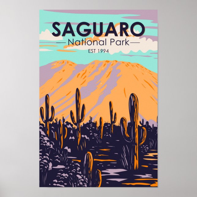Póster Parque nacional Saguaro Arizona Wasson Peak Vintag (Frente)