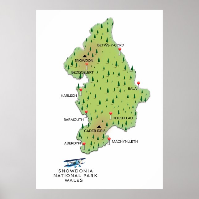 Póster Parque nacional Snowdonia, Mapa de Gales (Frente)