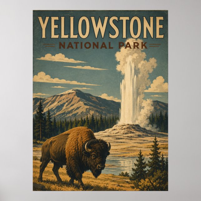 Póster Parque Nacional Yellowstone Bisonte Estilo Vintage (Frente)